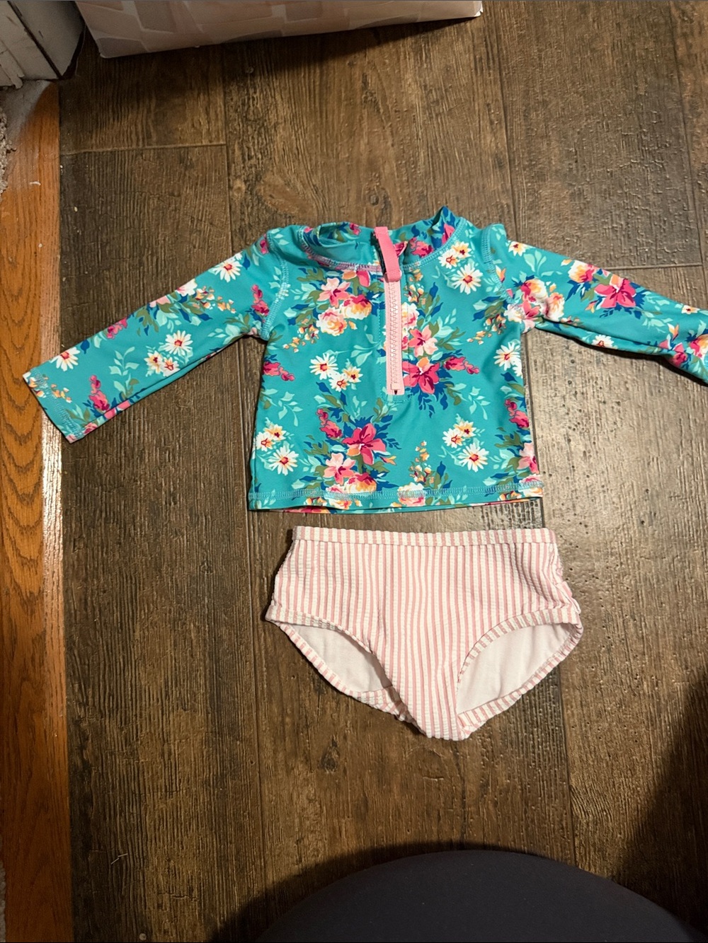 Ruffle Butts Turquoise Floral Long-Sleeve Rash Guard with Pink Striped Bottoms